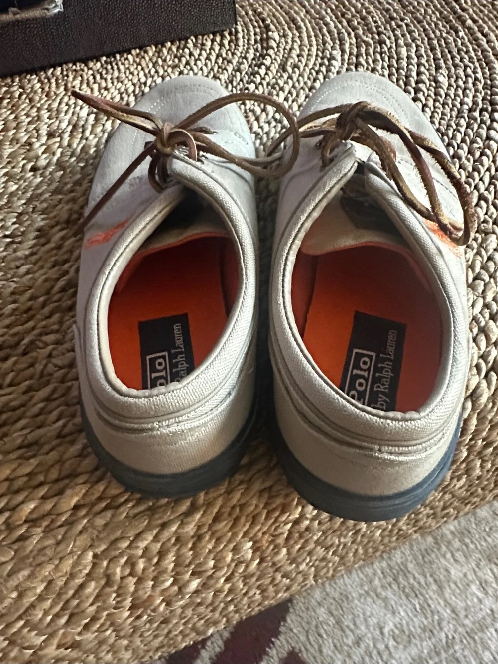 Polo by Ralph Lauren Men’s Beige Canvas Boat Shoes with Orange Logo size 10.5
